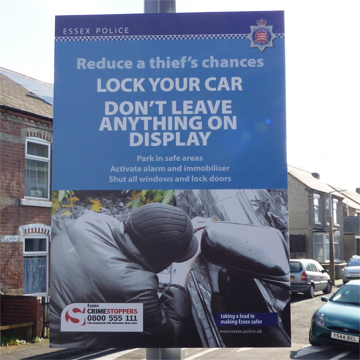 crimestoppers sign advising public to hide valuables
