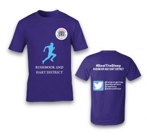 running man design on purple t shirt